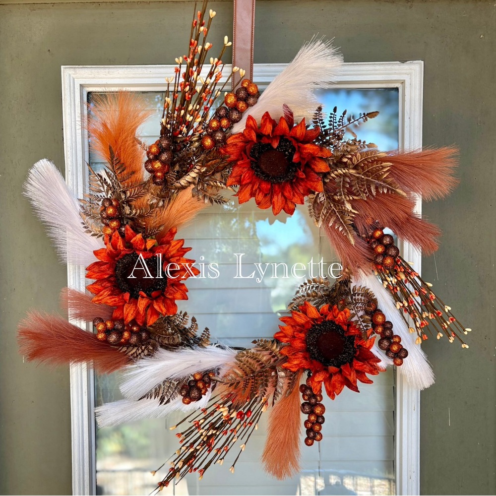 Handmade Alexis Lynette Autumn Sunflower Wreath with Orange and Brown Accents